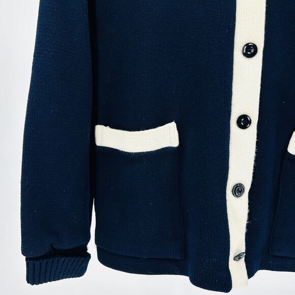 Vintage 60s/70s Navy White Varsity Stripe Knit Cardigan Sweater - Picture 3 of 6